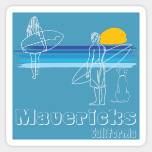 Mavericks California surf guy and girl with dog surfing line art Magnet